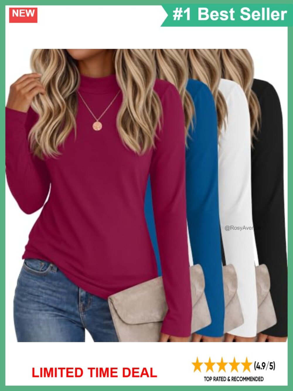 Women's Cotton Mock Turtleneck Long Sleeve T-Shirt 4 Pack